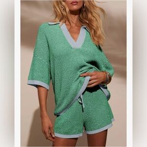 Tankaneo V Neck Knit Tops High Waisted Shorts Lounge Sets